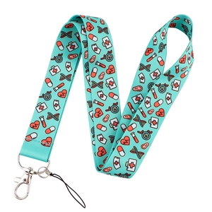 Detailed view of durable doctor-themed lanyard with medical icons and lobster clasp