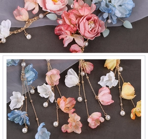 Detailed view of floral hairpins with silk flowers and dangling pearl tassels for Hanfu