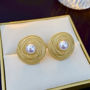 Vintage French Style Spiral Brass Stud Earrings With Imitation Artificial Pearl And 925 Sterling Silver Earring Post For Women