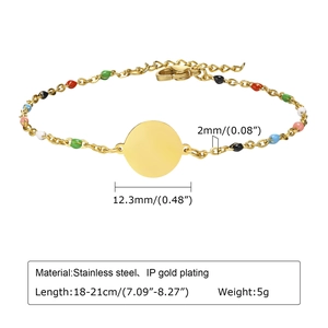 Detailed specs of gold stainless steel cross bracelet with colorful enamel beads