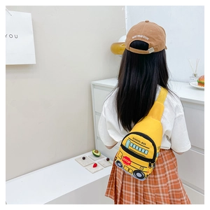 Detail of yellow school bus cartoon chest bag for kids with adjustable strap