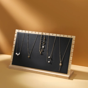 Solid wood necklace display board with black leather slots for jewelry showcase