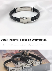 Detail des Tierkreis-Lederarmbandes mit graviertem Edelstahl-Anhänger und Verschluss