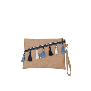 Chic Bohemian jute envelope clutch with blue fringe tassels and a matching wrist strap