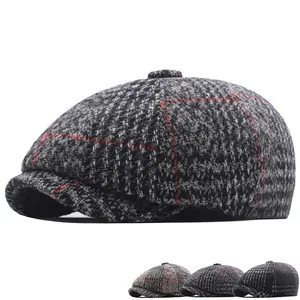 Retro wool blend newsboy cap for men featuring classic houndstooth and plaid patterns