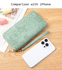 Detailed comparison of light green floral embossed wallet size with an iPhone