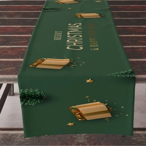 Dark green Christmas table runner with golden Merry Christmas text and festive patterns