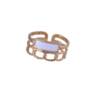 Retro 18K gold plated stainless steel open ring with white enamel double-layer design