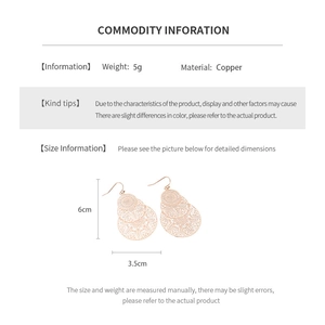 Detailed dimension guide for hollow leaf earrings made of copper in rose gold finish