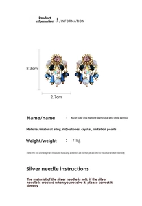Detailed dimensions of round pearl tassel earrings with rhinestones and crystals