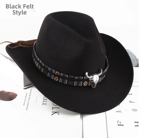 Detail of black wool cowboy hat with ethnic woven band and silver bull skull accessory