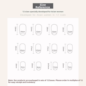 Size guide for purple striped oval press-on nails showing 12 different length and width data