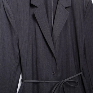 Women urban commuter dark grey pinstripe blazer with notch lapel and slim waist belt