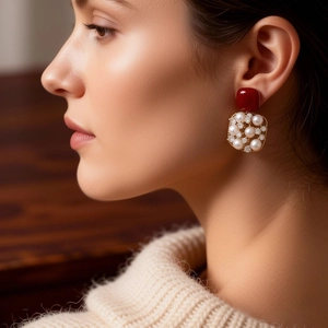 Detail of 18k gold plated earrings featuring red gems and white pearl square pendants