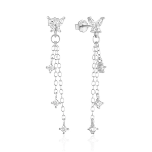 Detail of S925 sterling silver butterfly tassel earrings with sparkling crystals