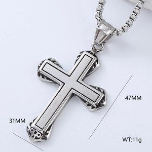 Detail view of a vintage silver stainless steel cross pendant with 47x31mm size markings