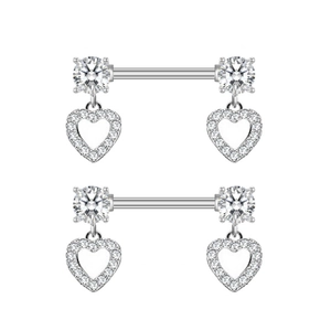 Detailed view of silver heart-shaped nipple rings with sparkling cubic zirconia inlay