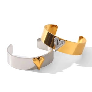 Minimalist two-tone stainless steel open cuff bracelets with polished heart charms
