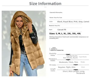 Détail du gilet à capuche en fausse fourrure avec fiche technique et guide des tailles