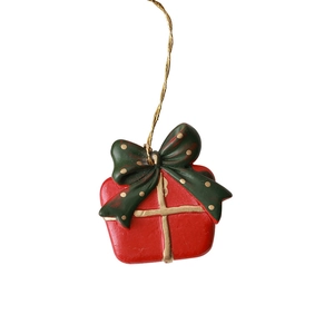 Christmas resin gift box hanging ornament in red with green polka dot bow and gold string