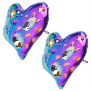 Detail of 304 stainless steel heart earrings with rainbow gradient finish and crystals