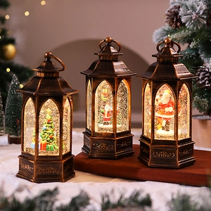 Vintage Christmas lanterns with snow globe scenes and sparkling glitter holiday lights