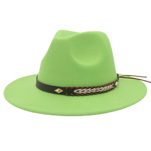 Close-up of green wool fedora hat featuring black braided band with gold diamond studs