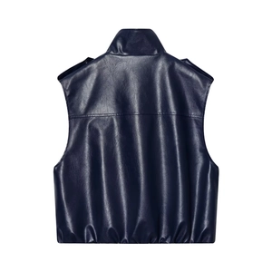 Navy blue leather effect vest with standing collar and premium textured back view