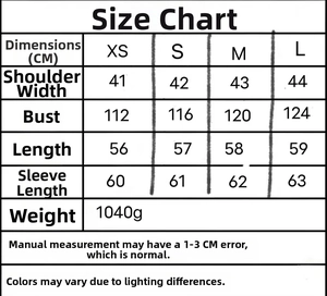 Detailed size chart for women's knit ski suit with shoulder, chest and sleeve measurements