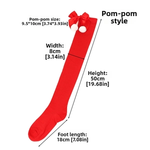 Detailed dimensions of red over-knee Christmas socks with bow and plush pom-poms