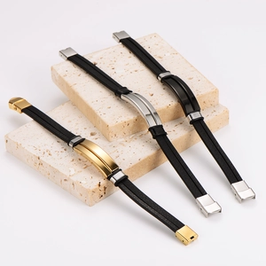 Mens vintage multilayer leather bracelets in gold, silver and black stainless steel