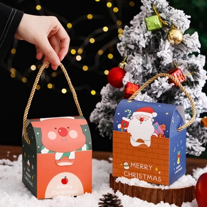 Festive Christmas gift boxes with reindeer and Santa designs on a snowy background