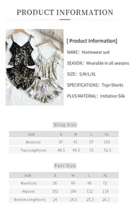 Size chart for women's ice silk sleepwear set featuring floral camisole and ruffle shorts
