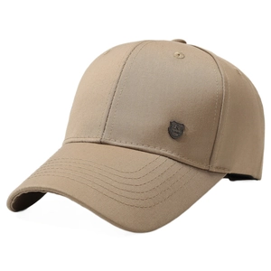 Classic khaki cotton baseball cap for men with stylish curved brim and metal R logo