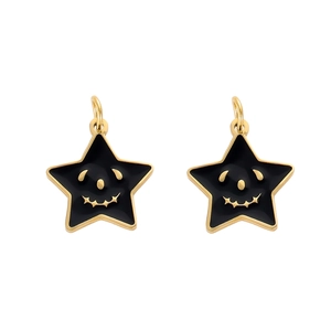 Pendentif étoile en émail noir avec détail de visage souriant doré pour bijoux DIY