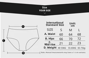 Size chart for women's cotton panties showing waist and hip measurements in cm and kg