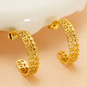 French vintage 18K gold C-shaped hoop earrings with hollow chain design and bead edges