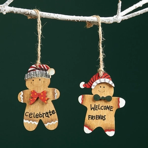 Set of two hand-painted wooden gingerbread man Christmas ornaments with jute hanging ropes