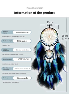 Detailed specs of handmade black feather dream catcher with crystals and dimensions