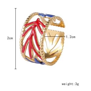 Colorful enamel coral leaf open ring in gold plated stainless steel with size metrics