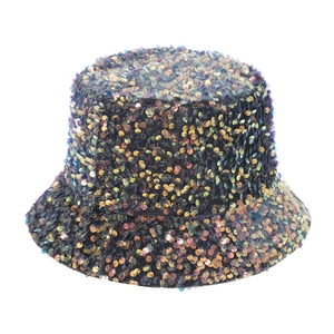 Close-up of sparkling colorful sequins and texture on this leopard bucket hat