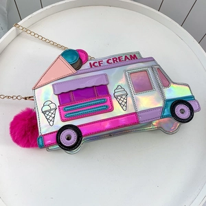 Detail of ice cream truck crossbody bag with holographic finish and pink pompom