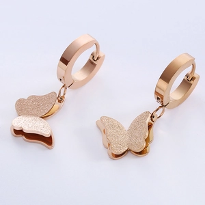 Elegant 18K rose gold stainless steel butterfly hoop earrings with frosted finish