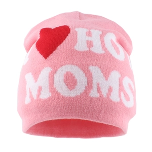 Pink knit beanie with red hearts and I Heart Hot Moms lettering on white background