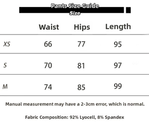 Size chart for lyocell trousers showing waist and hip measurements for XS to M sizes