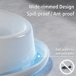 Anti-spill ceramic cat bowl with wide rim and water moat for ant-proof protection
