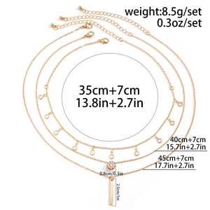 Detailed size chart for triple-layered necklace with rhinestone pendants and measurements