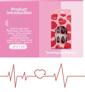 Detail view of burgundy French heart press-on nail kit with 24 pieces and glue