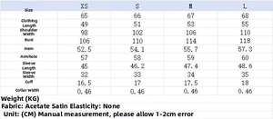 Detailed size chart for French-style satin cape top with exact sleeve and length measurements