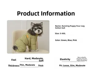 Detail eines hellgrünen gepolsterten Hunde-Overalls mit orangefarbenem Tier-Patch
